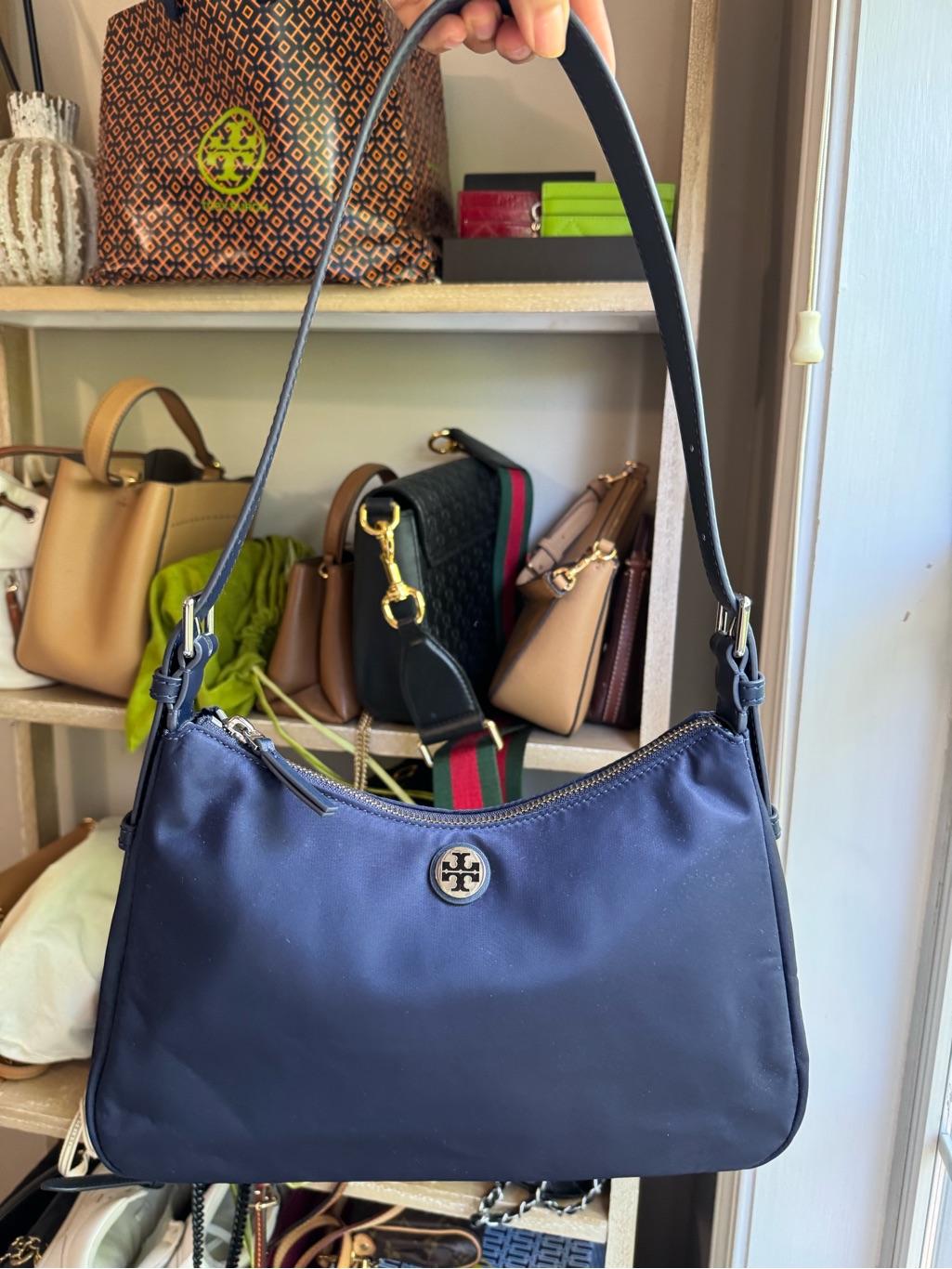 Tory Burch Navy Nylon Shoulder Bag With Leather Strap